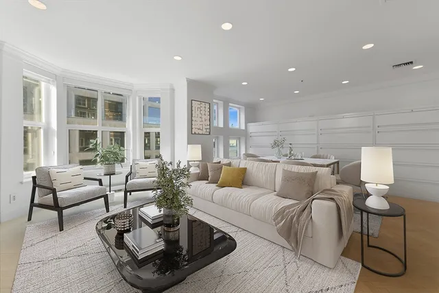 a living room with furniture and a potted plant