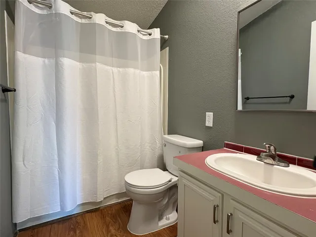 a bathroom with a sink a toilet and shower curtain