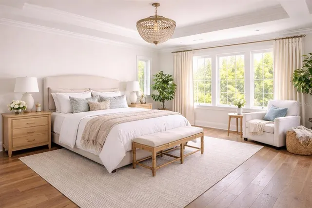 a spacious bedroom with a bed and a couch