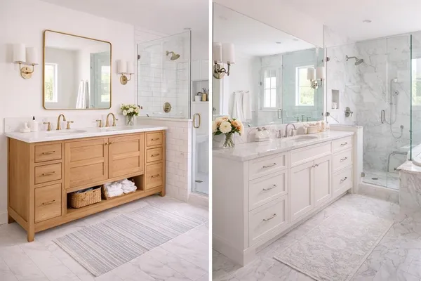 a spacious bathroom with double vanity a mirror a double vanity