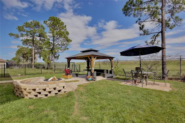 a view of a backyard with sitting area