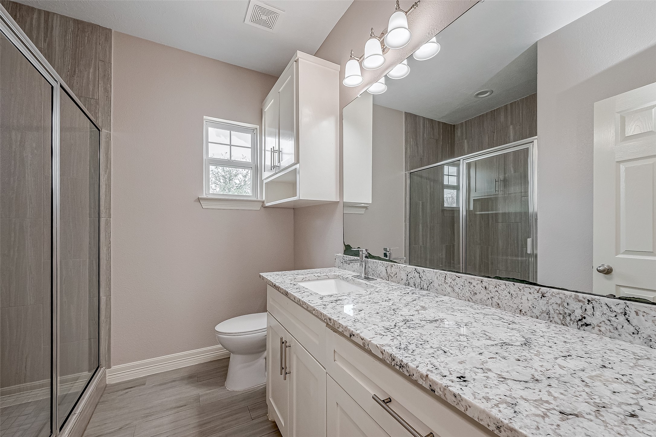709 Coen Road Rosharon, TX 77583 - Photo 6 of 33 a bathroom with a granite countertop sink a toilet and a large mirror