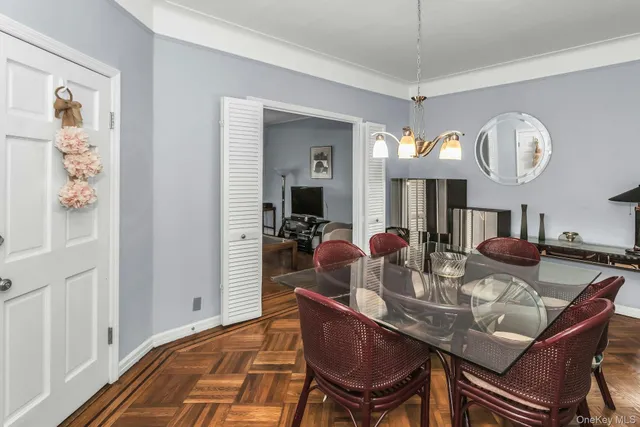 a view of a dining room with furniture