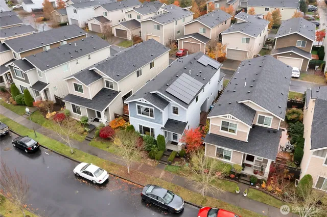 an aerial view of a swimming pool