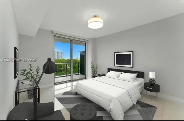 a bedroom with a bed and a large window with the outer view