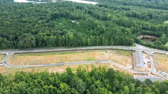 a view of a city with lush green forest
