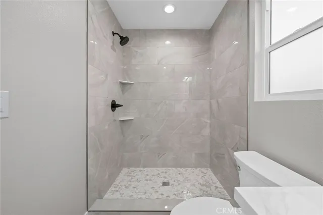 a bathroom with a shower and toilet