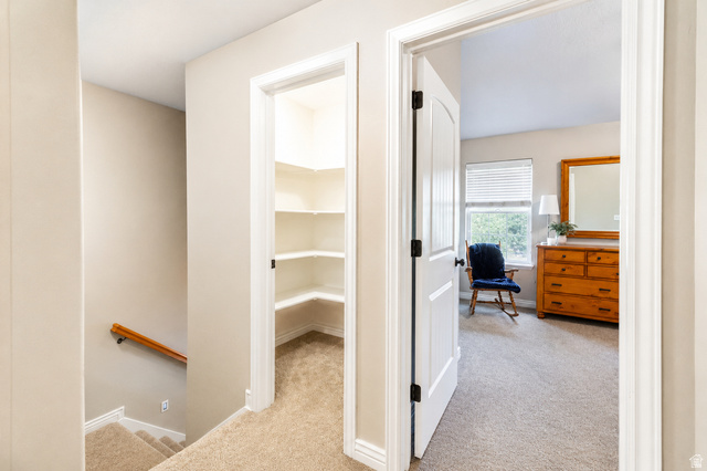 896 Cres Drive South Mapleton, UT 84664 - Photo 12 of 32 Upper-level hallway featuring a carpeted staircase with wood handrail, an open doorway revealing a corner pantry with built-in shelving, and a separate doorway to a room with a window