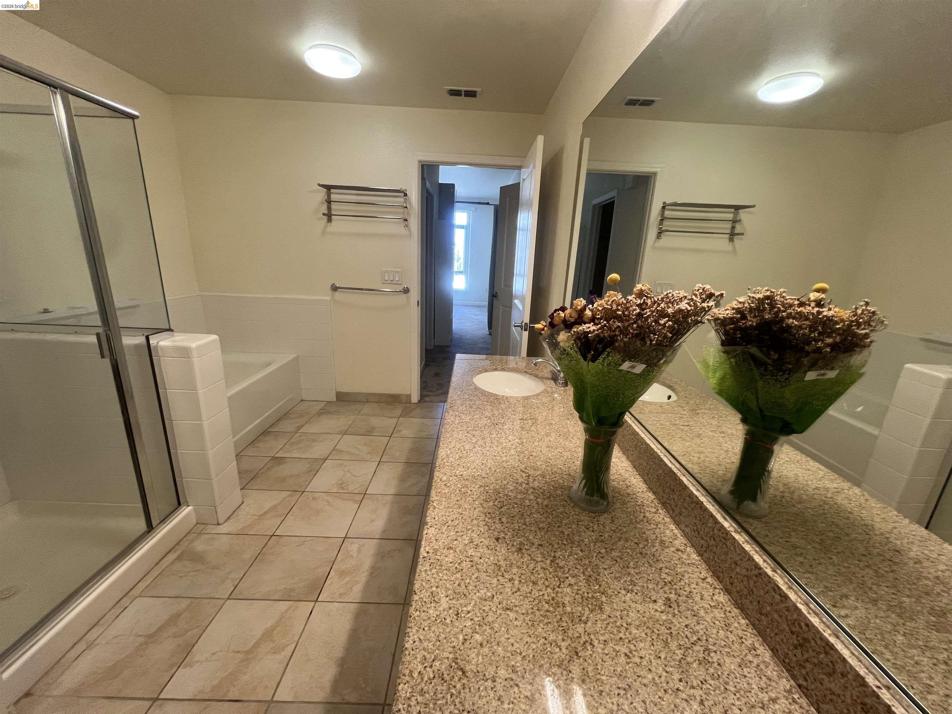 423 7th Street, Unit 313 Oakland, CA 94607 - Photo 8 of 11 Spacious bathroom with a walk-in shower featuring a glass enclosure, a separate bathtub, and an extended vanity with an integrated sink and large mirror