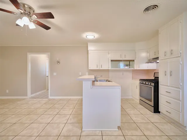a kitchen with a sink a stove and cabinets