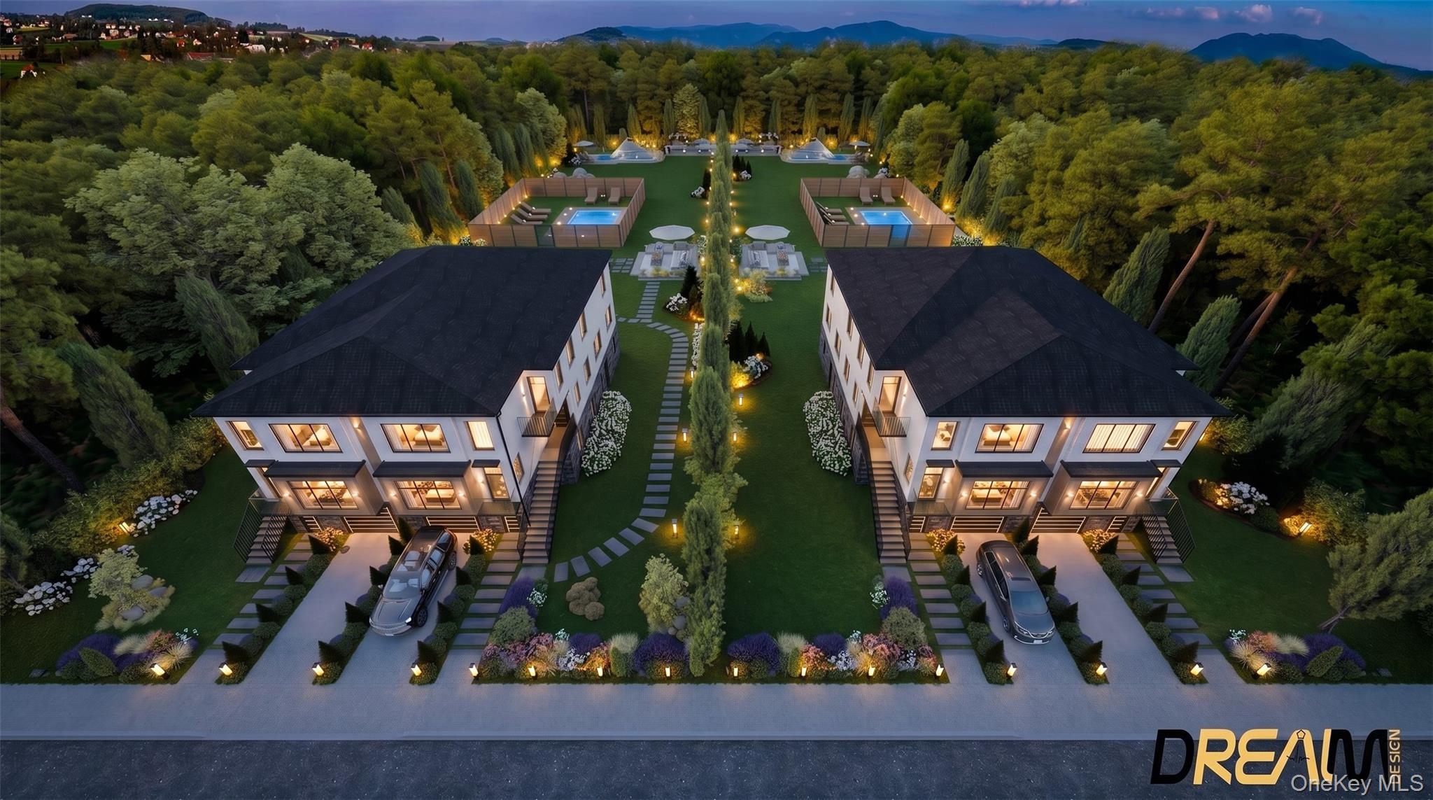 Modern twin residences featuring white exterior siding, dark roofs, and multiple windows
