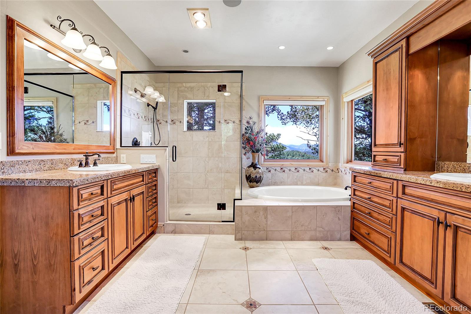 1007 Nob Hill Road Evergreen, CO 80439 - Photo 24 of 48 a bathroom with a tub a sink and a large mirror