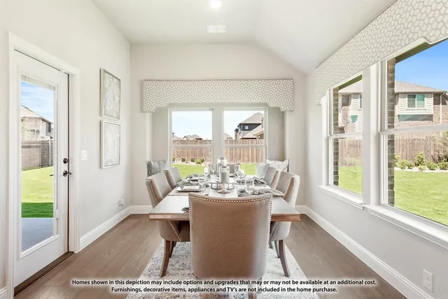 a dining room with furniture a rug and a potted plant