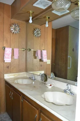 a bathroom with a sink double vanity and a mirror