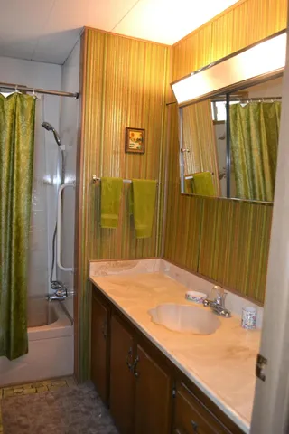 a bathroom with a sink and a mirror