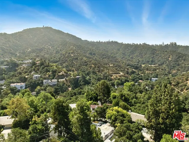 a view of a mountain in the distance in a field