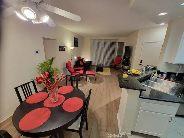 a view of a dining room with furniture