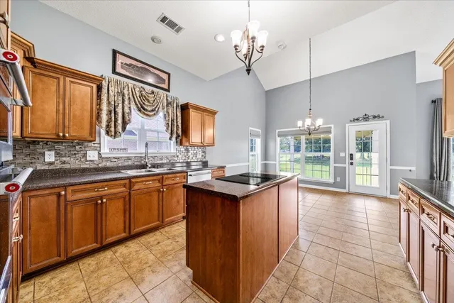 a kitchen with granite countertop stainless steel appliances a sink counter space cabinetry and a chandelier