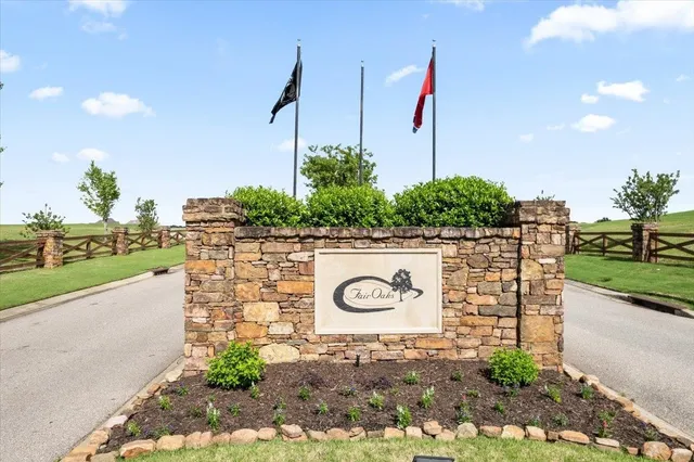 a view of a street with potted plants