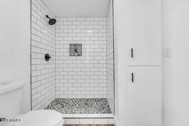 a bathroom with a toilet and a shower