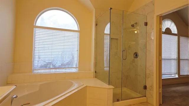 a bathroom with a bathtub and a shower
