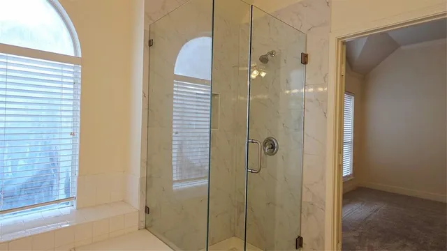 a bathroom with a shower and a sink