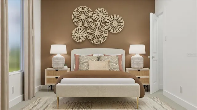 a bedroom with a bed and a night stand