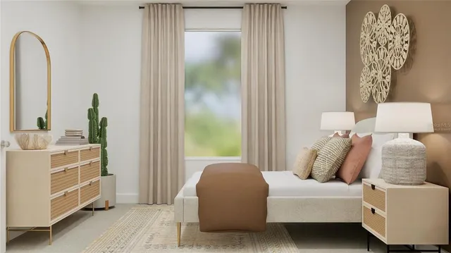 a bed room with a bed and a chair