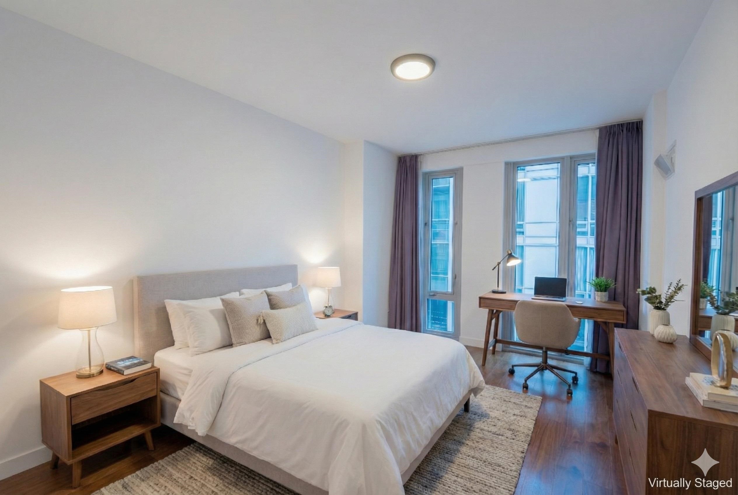 a bedroom with a bed and large windows