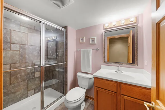 a bathroom with a toilet shower vanity and a sink