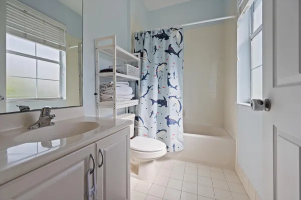 a bathroom with a sink a toilet and shower curtain