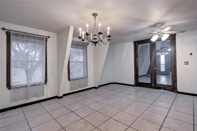 a view of a chandelier in a room