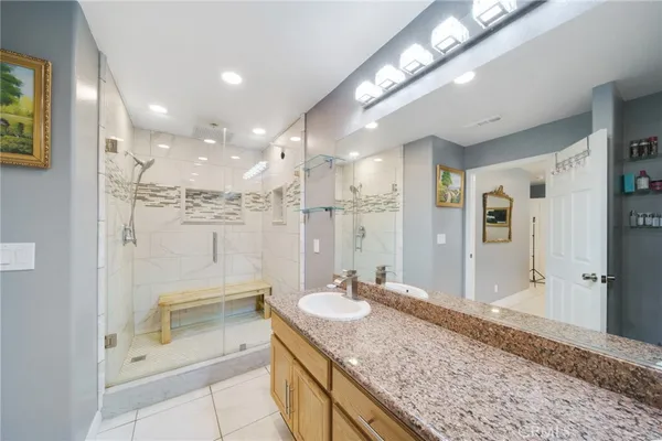 a bathroom with a granite countertop sink mirror and a shower