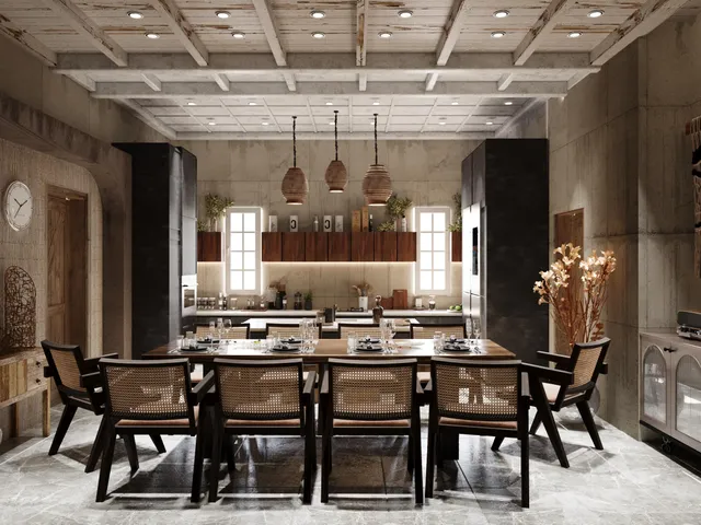 a living room with table chairs and a fireplace