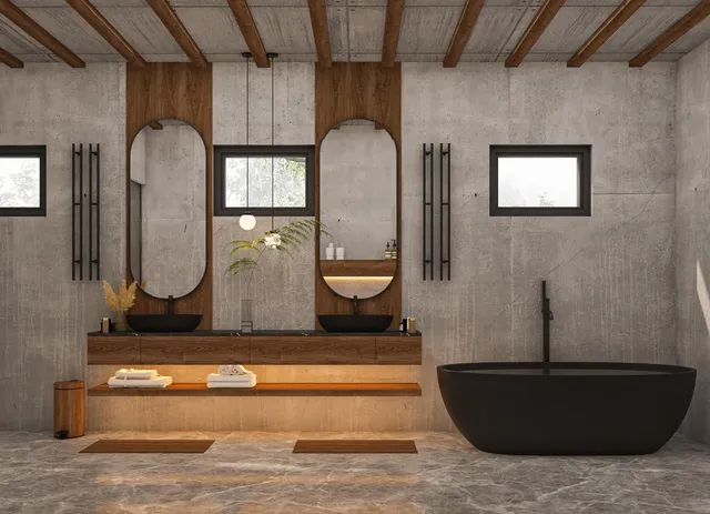 a living room with furniture and a mirror