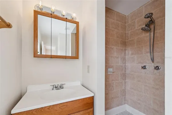 a bathroom with a sink a shower and a mirror