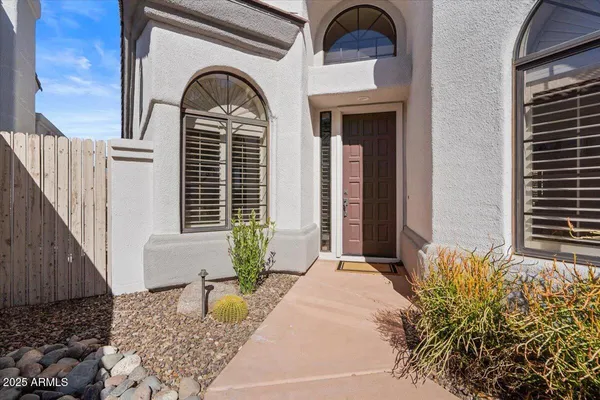 a front view of a house with patio