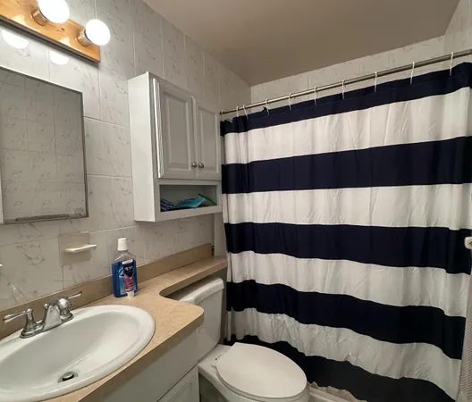 a bathroom with a sink a toilet a mirror and shower curtain