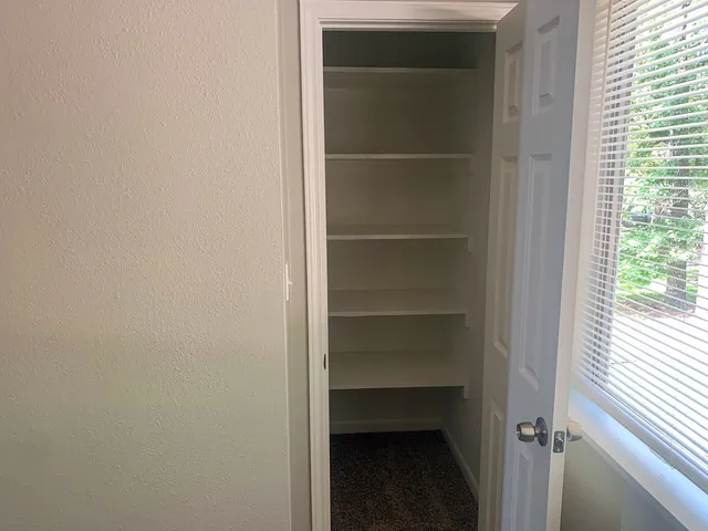 a view of walk in closet with empty racks
