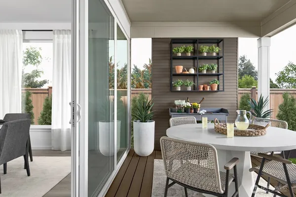 a view of a dining room with furniture window and outside view
