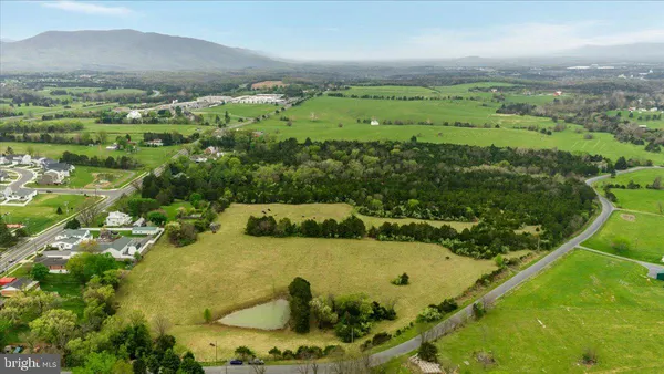 an aerial view of residential houses with outdoor space and trees