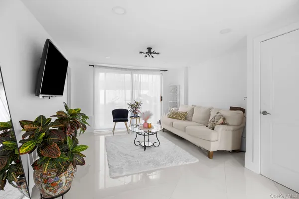 a living room with furniture a potted plant and a flat screen tv