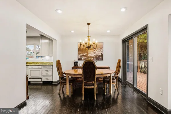 a dining room with furniture and wooden floor