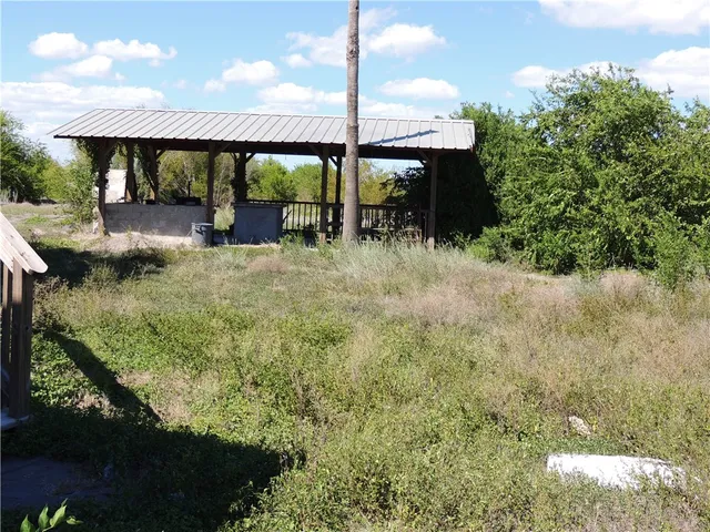 a view of a field with large trees