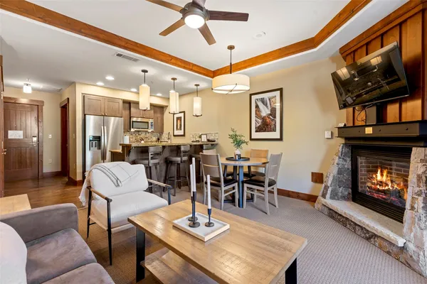 a living room with furniture a flat screen tv and a fireplace