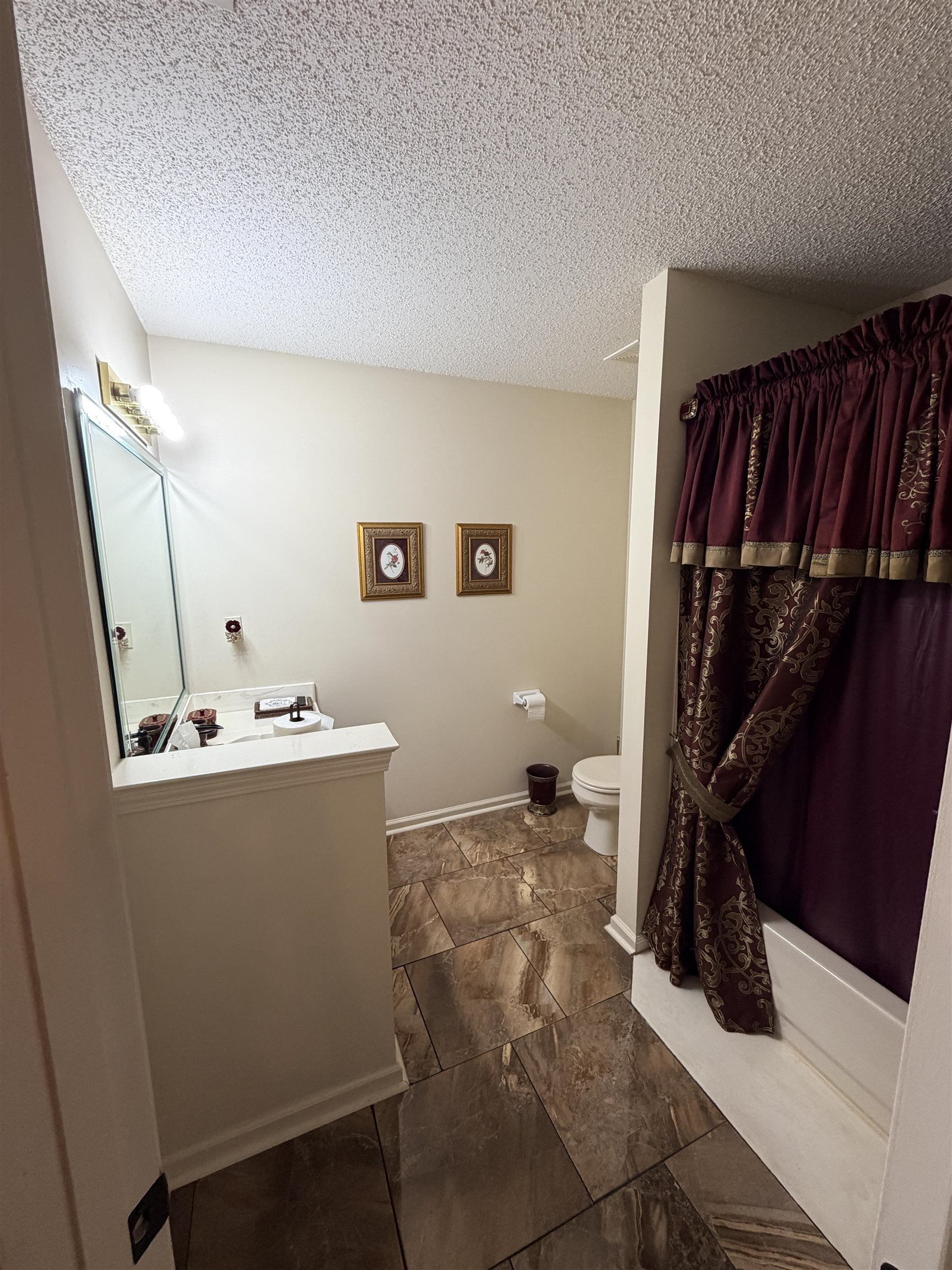 4680 Sun Ridge Drive Memphis, TN 38128 - Photo 8 of 16 Bathroom featuring vanity, a textured ceiling, and shower / bath combination with curtain