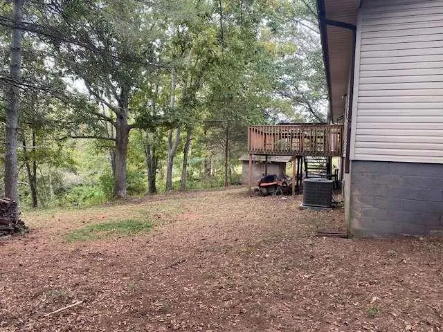 a view of a backyard with large trees