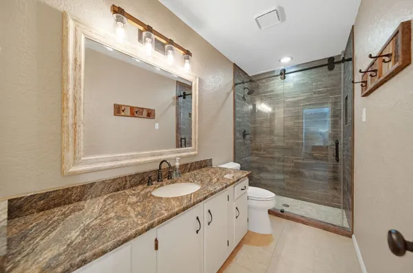 a bathroom with a granite countertop sink a mirror a shower and a toilet