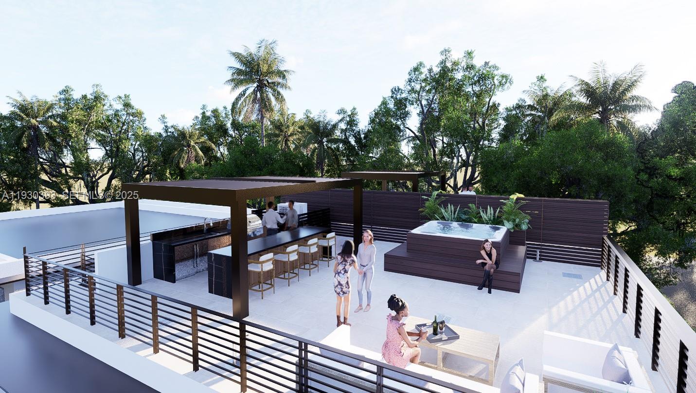 3090 Hibiscus Street Miami, FL 33133 - Photo 7 of 8 a view of a patio with couches table and chairs and potted plants with wooden floor and fence