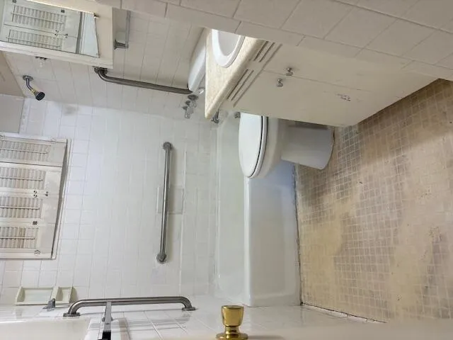 a bathroom with a shower curtain